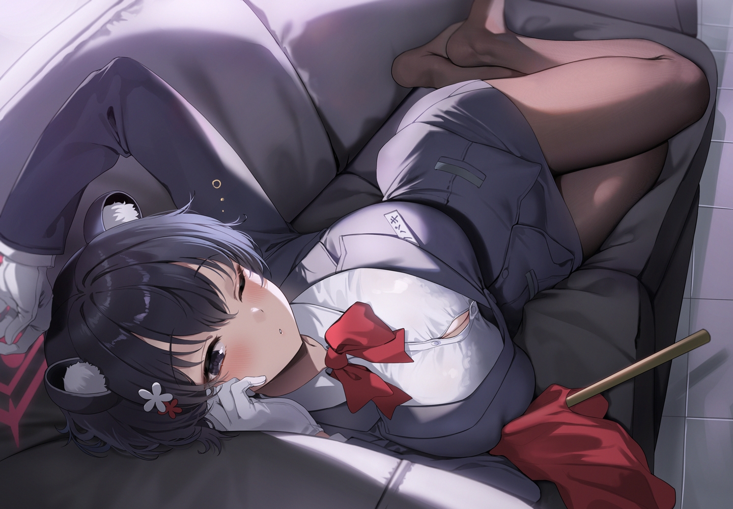animal_ears, black_eyes, black_hair, blue_archive, blush, bow, breasts, cleavage, couch, gijang, gloves, halo, kasuga_tsubaki, pantyhose, shirt, short_hair, suit, uniform, wink