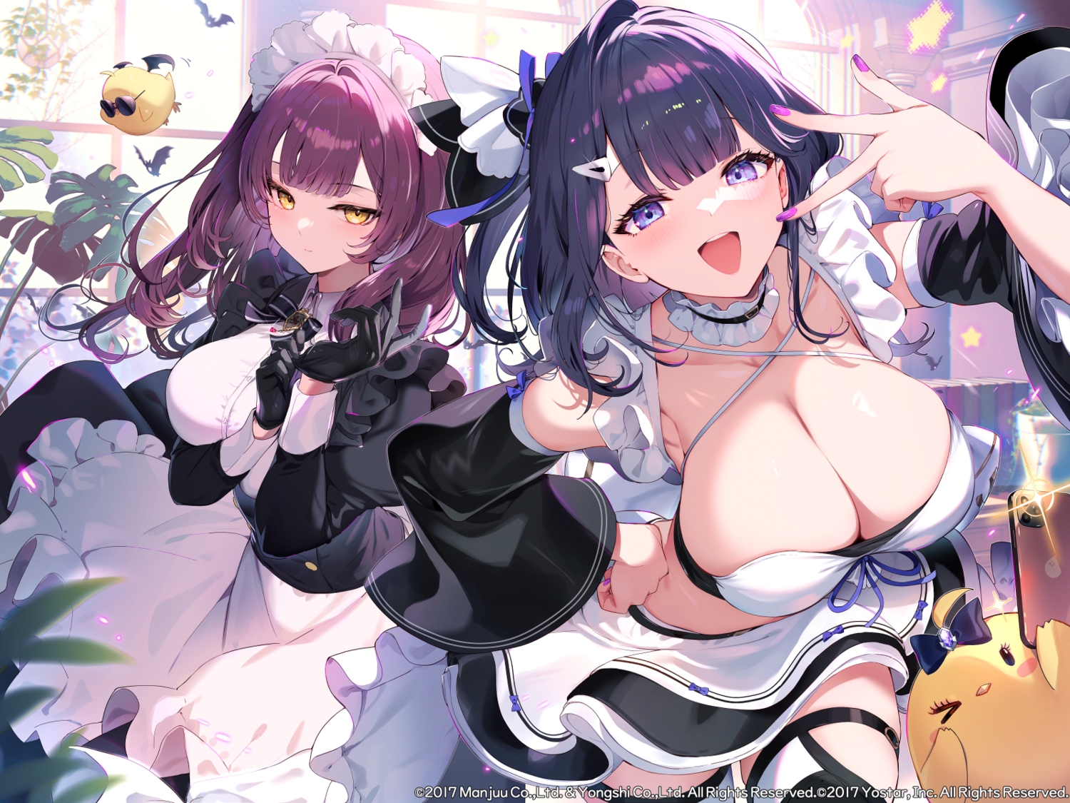 2girls, aliasing, animal, anthropomorphism, apron, azur_lane, bat, bird, black_hair, blush, breasts, camera, choker, cut_(bu-kunn), devonshire_(azur_lane), dress, gloves, headdress, liverpool_(azur_lane), logo, long_hair, maid, manjuu_(azur_lane), phone, purple_eyes, purple_hair, short_hair, thighhighs, yellow_eyes