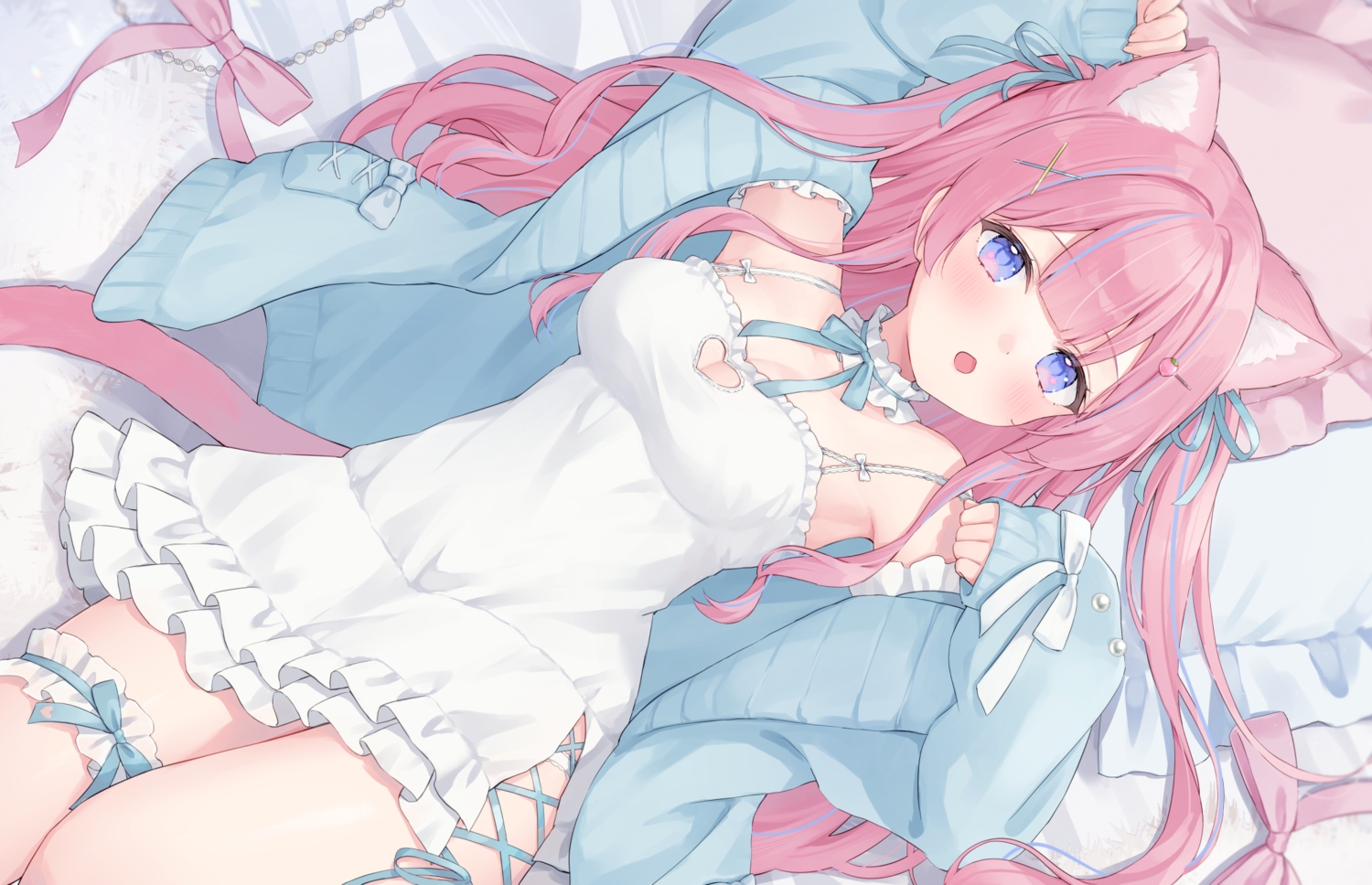 animal_ears, bed, blush, bow, breasts, catgirl, choker, cleavage, dress, garter, itigori_ena, long_hair, pink_hair, purple_eyes, ribbons, shano_hiyori, twintails