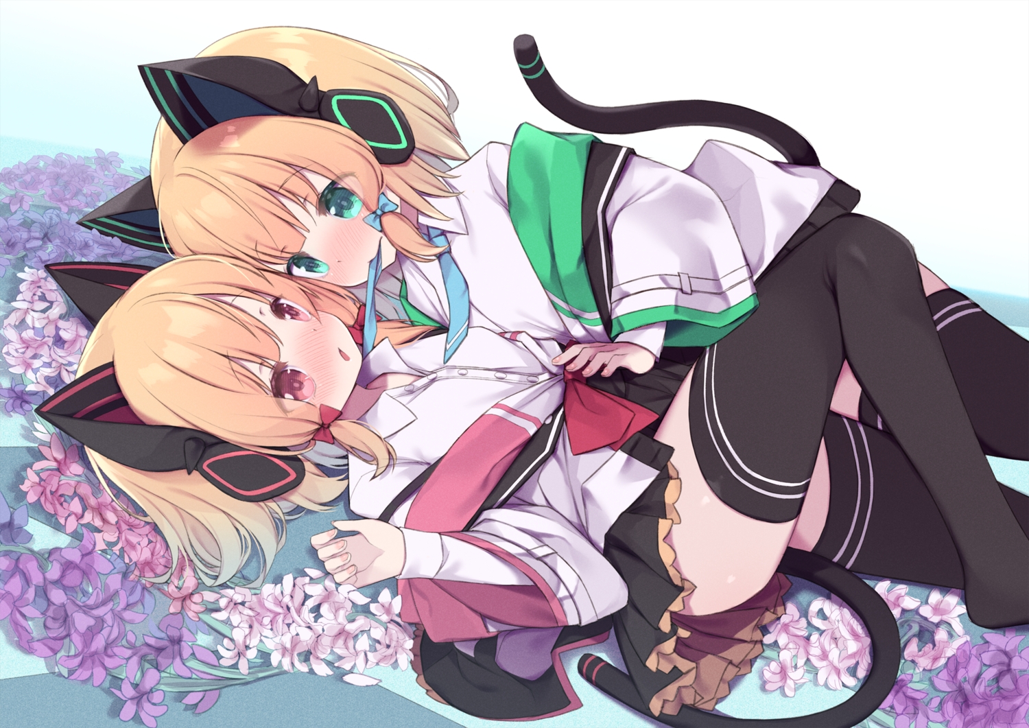 2girls, animal_ears, aqua_eyes, arashiya, blonde_hair, blue_archive, catgirl, flowers, headphones, loli, red_eyes, saiba_midori, saiba_momoi, school_uniform, shirt, skirt, tail, thighhighs, tie, twins, yuri