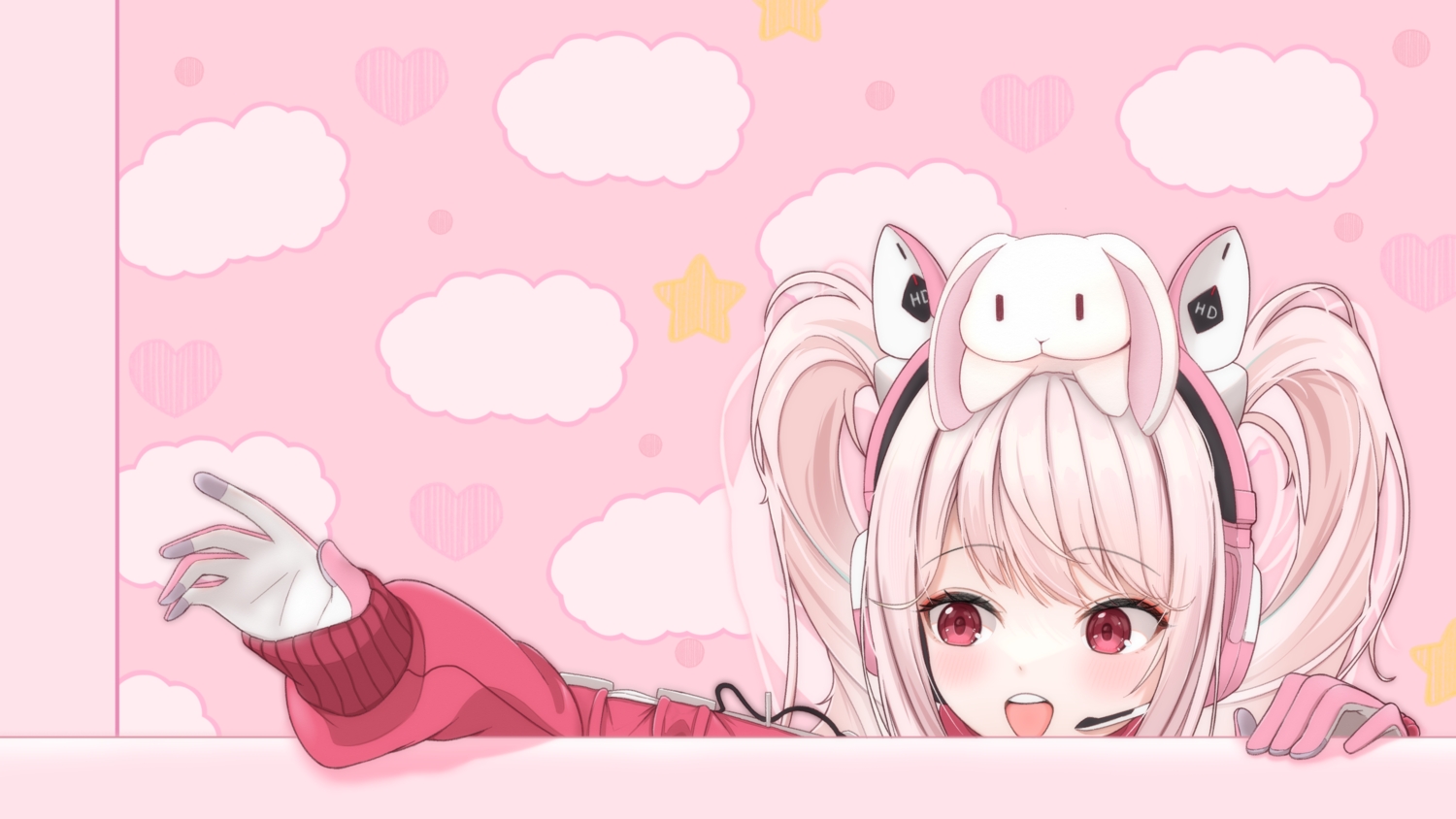 alice_(nikke), animal_ears, blush, bunny, gloves, goddess_of_victory:_nikke, headphones, kaboten, microphone, pink, pink_hair, red_eyes, twintails