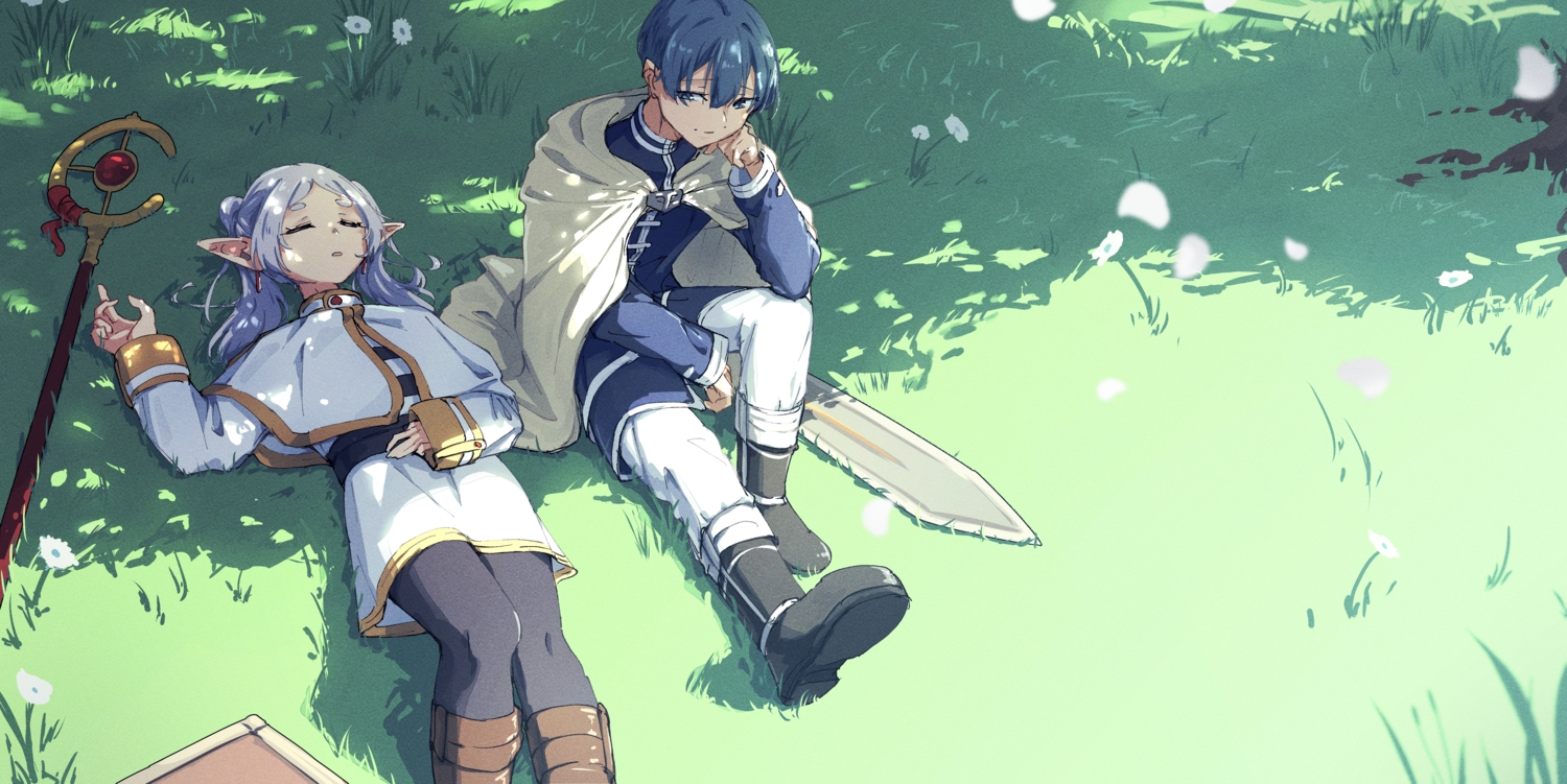 blue_eyes, blue_hair, boots, dress, flowers, frieren, grass, himmel_(sousou_no_frieren)