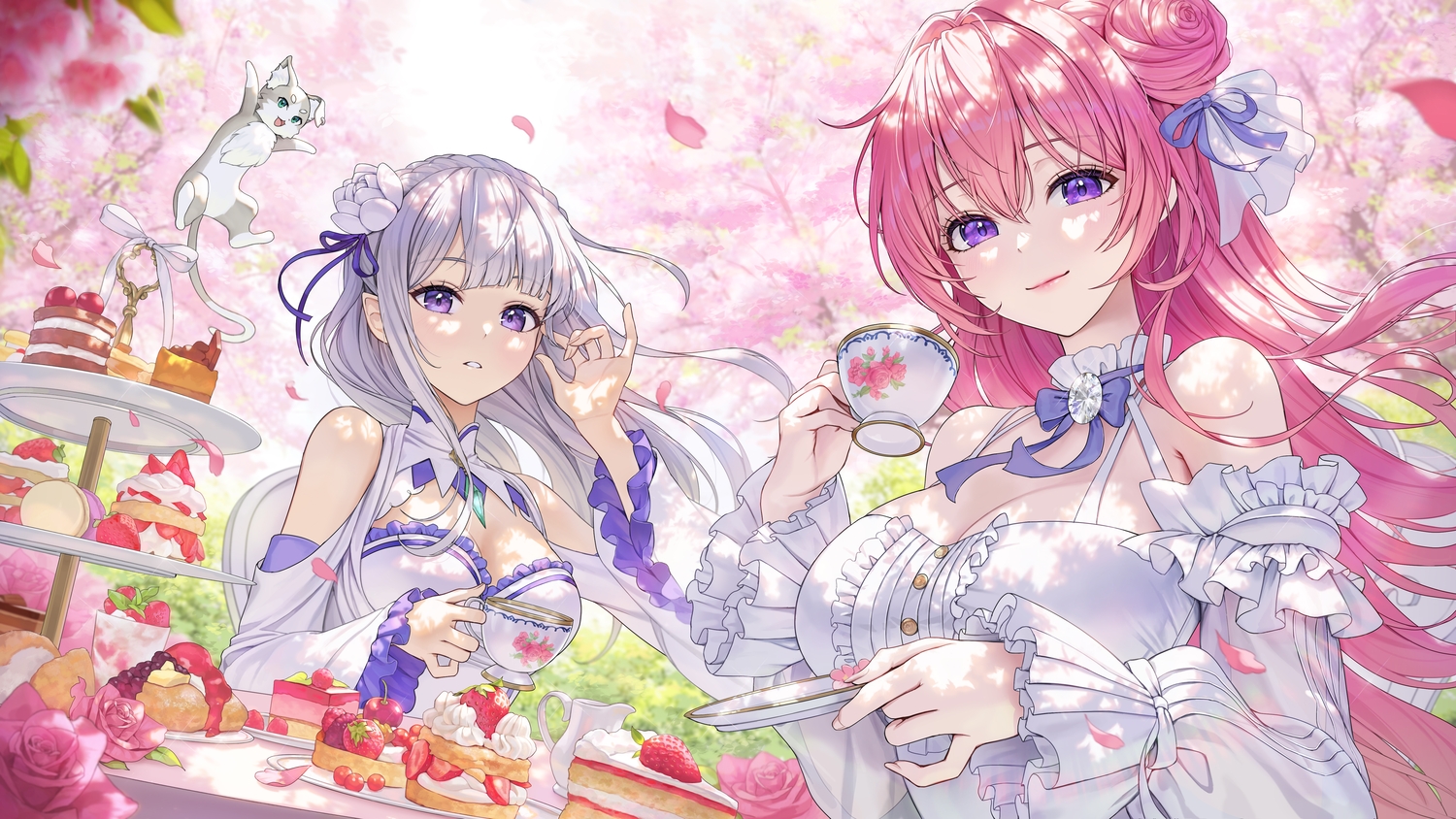 2girls, animal, blush, braids, breasts, cake, cleavage, crossover, dorothy_(nikke), dress, drink, emilia_(re:zero), flowers, food, fruit, goddess_of_victory:_nikke, gray_hair, heartki, long_hair, petals, pink_hair, pointed_ears, puck, purple_eyes, re:zero_kara_hajimeru_isekai_seikatsu, ribbons, shade, spring, strawberry, tree
