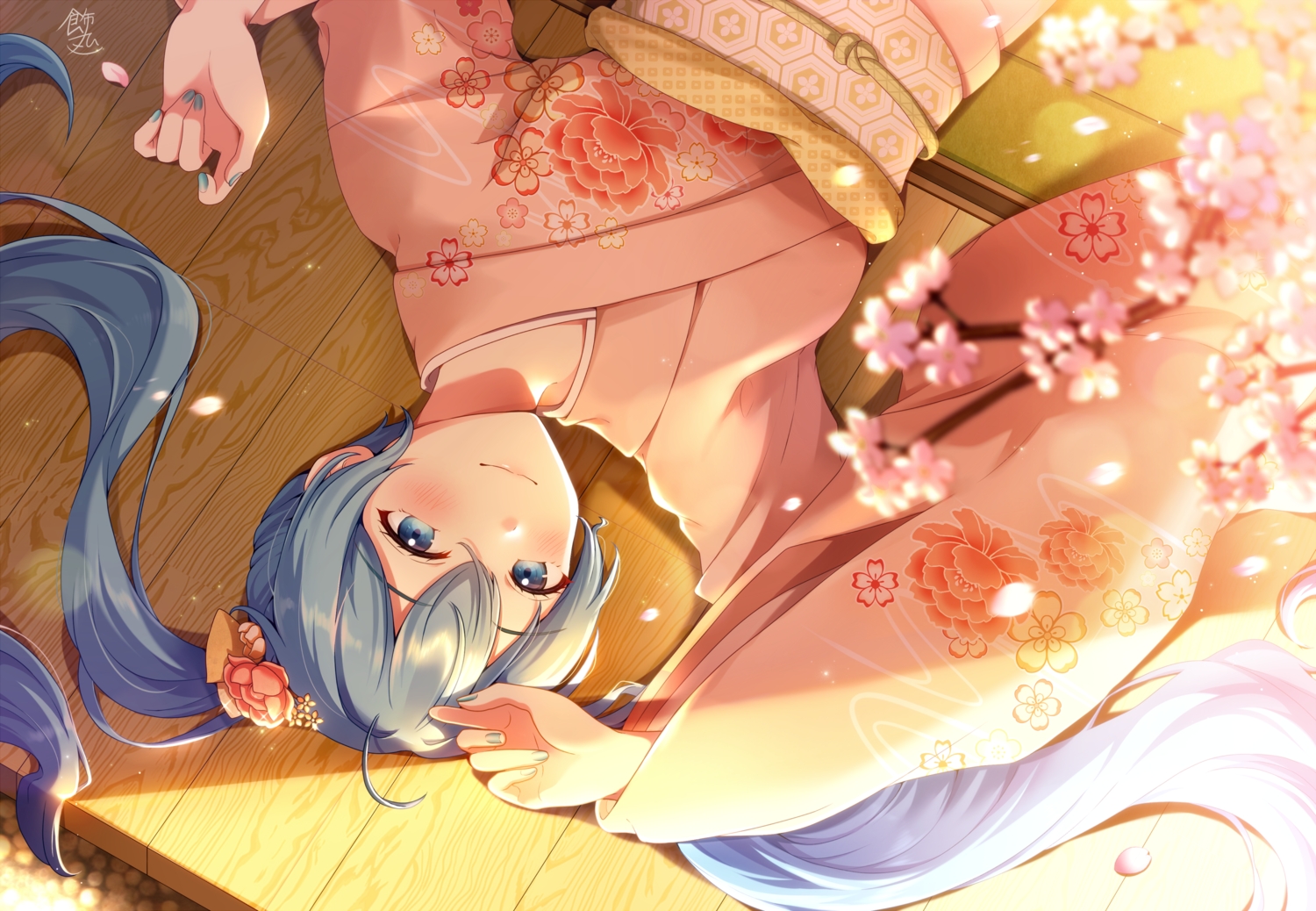 blue_eyes, blue_hair, blush, cherry_blossoms, flowers, hatsune_miku, japanese_clothes, kazari_hisa