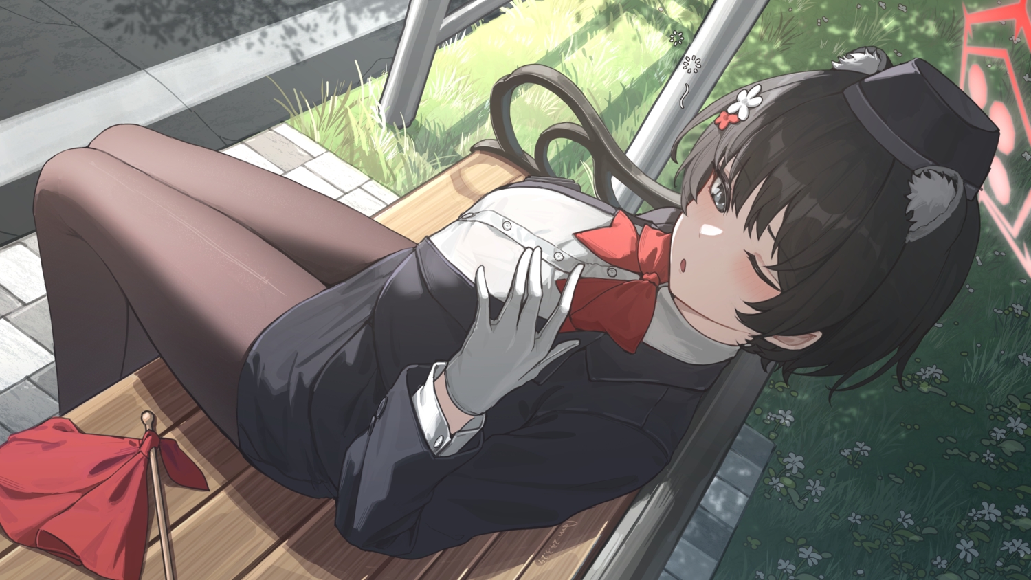 animal_ears, black_eyes, black_hair, blue_archive, blush, bow, chiyo_akira, flowers