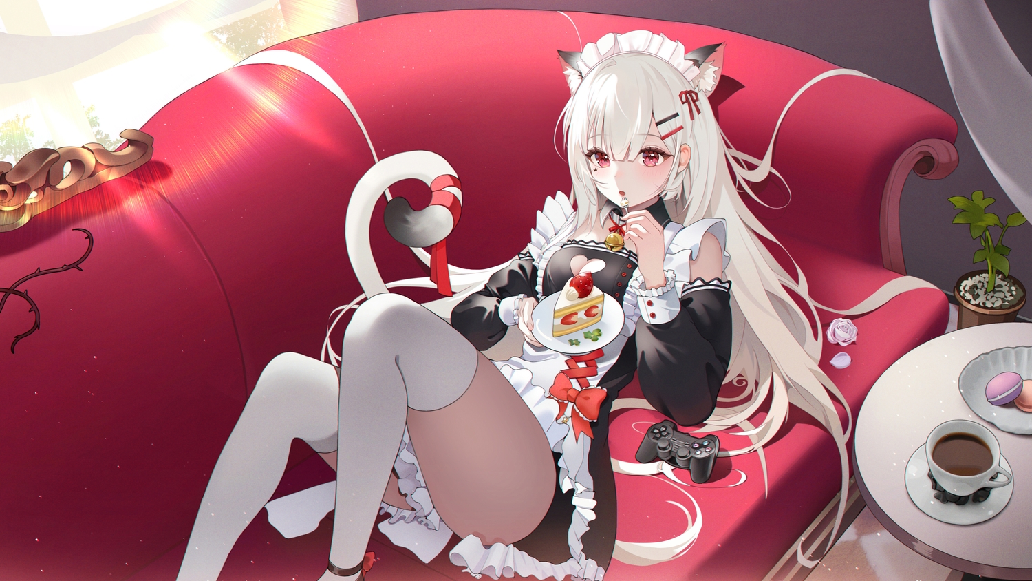 animal_ears, apron, bell, blush, bow, breasts, cake, catgirl, cleavage, collar, couch, dress, drink, food, fruit, hael, headdress, long_hair, maid, original, red_eyes, ribbons, strawberry, tail, thighhighs, white_hair