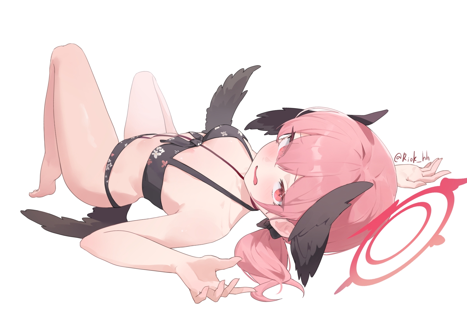 barefoot, bikini, blue_archive, blush, halo, loli, pink_eyes, pink_hair, riok_hh, shimoe_koharu, signed, swimsuit, white, wings