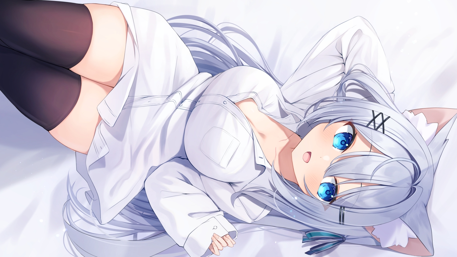 animal_ears, aqua_eyes, blush, bow, breasts, cleavage, gray_hair, long_hair