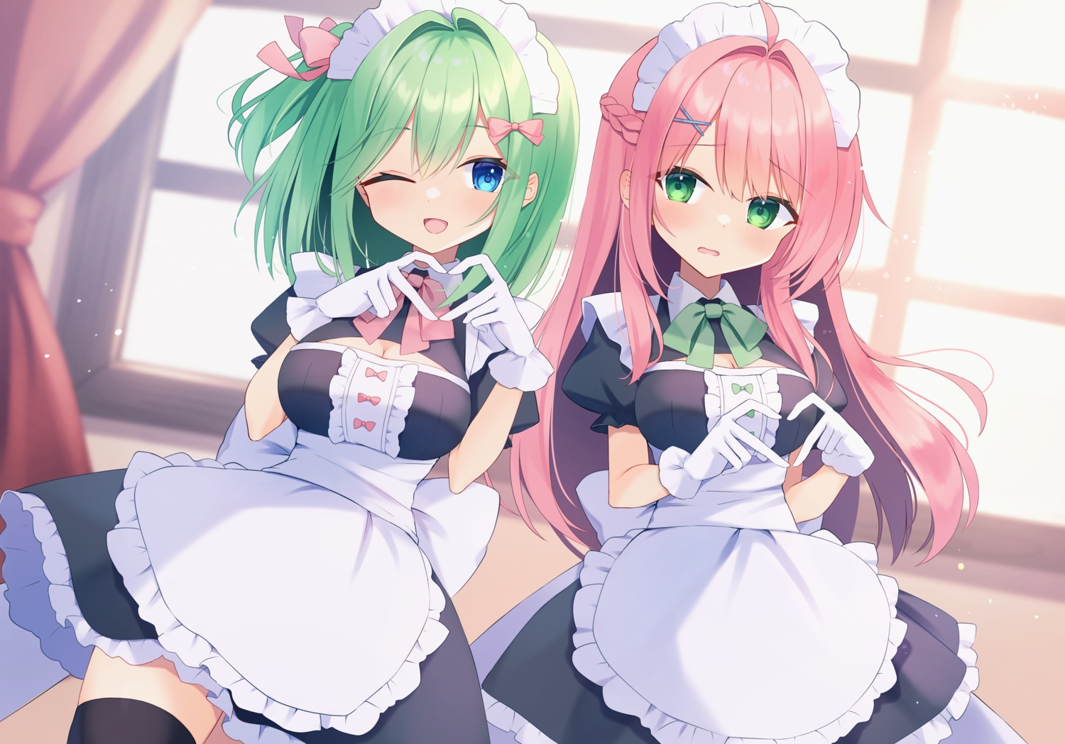 2girls, apron, blue_eyes, blush, bow, braids, breasts, cleavage