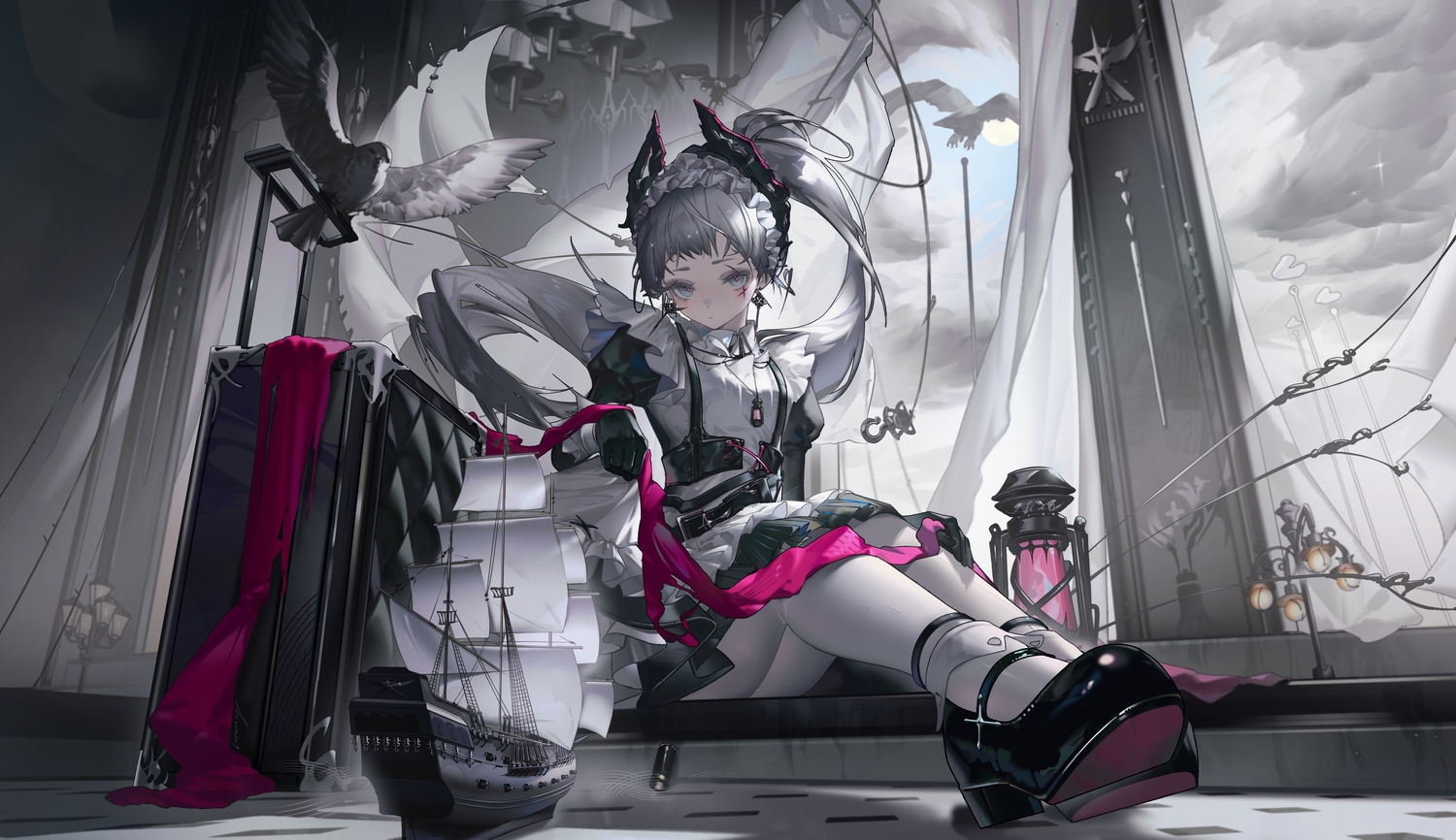 animal, apron, arknights, bird, boat, clouds, dress, gloves, gray_eyes, gray_hair, headdress, irene_(arknights), long_hair, maid, necklace, p1up1u, pantyhose, polychromatic, ponytail, scar, sky