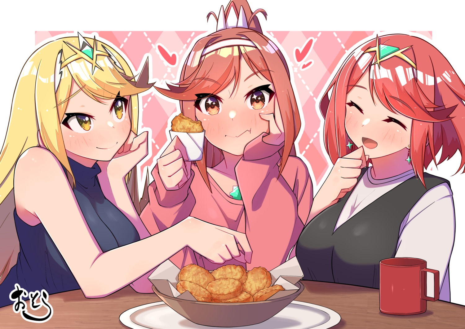 blonde_hair, blush, breasts, drink, food, headband, heart, hikari_(xenoblade), homura_(xenoblade), kagiroi_(xenoblade), long_hair, osora_(judithandlilith), red_eyes, red_hair, short_hair, signed, xenoblade, yellow_eyes