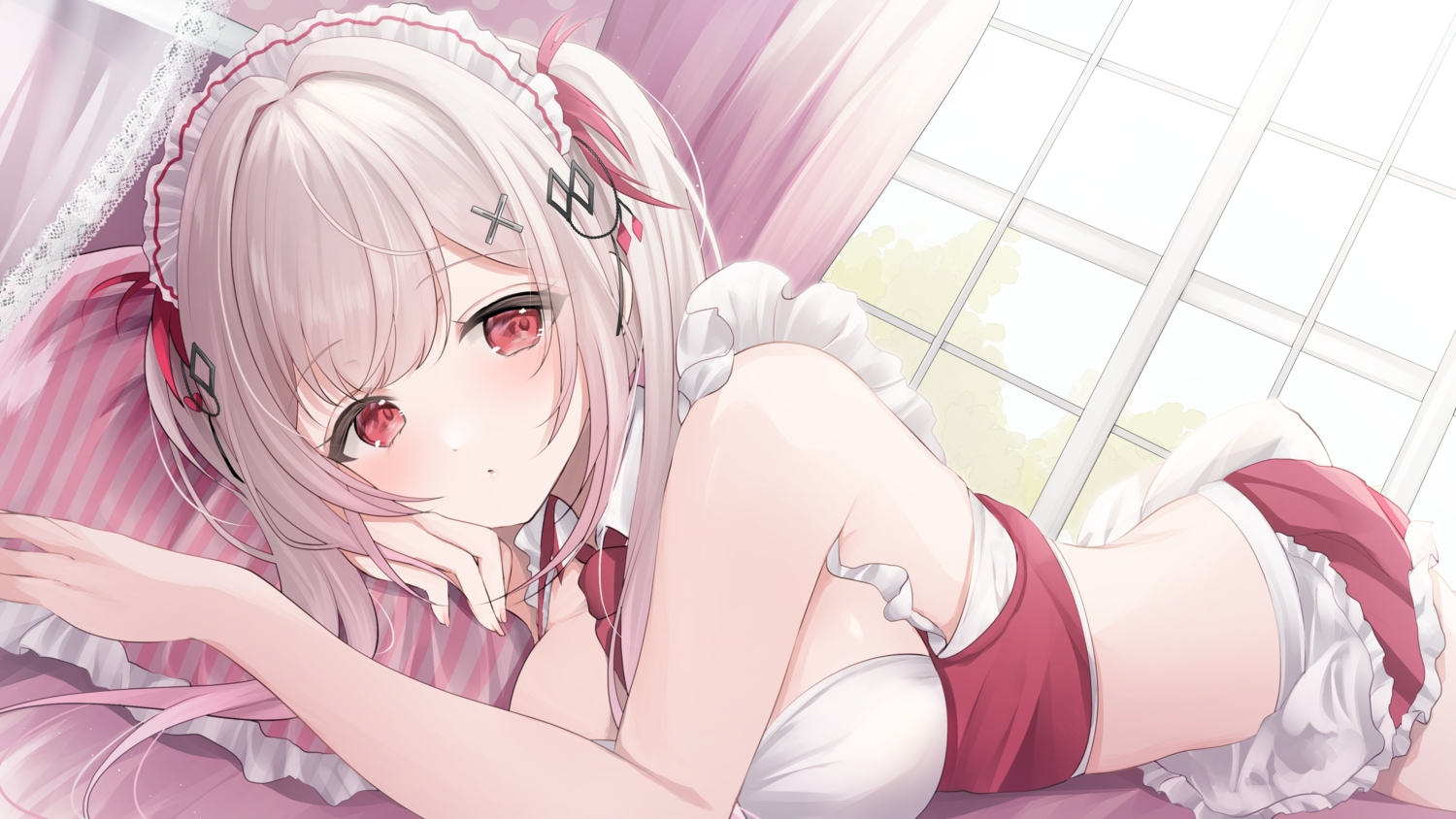 apron, bed, breasts, gray_hair, headdress, kimitsu_tenka, kurage_cc, maid, red_eyes, skirt, tie, twintails