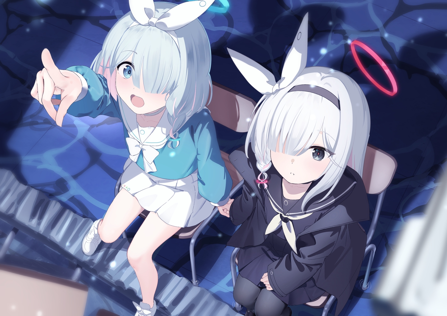 2girls, arona_(blue_archive), blue_archive, blue_eyes, blue_hair, gray_eyes, halo, loli