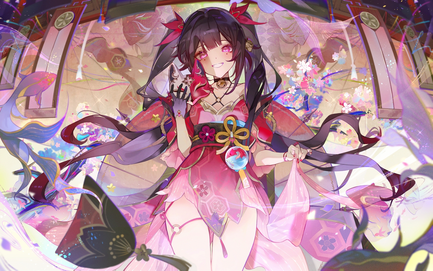 animal, bell, black_hair, collar, dress, fish, garter, gloves, honkai_(series), honkai:_star_rail, japanese_clothes, long_hair, magic, mask, miermere, pink_eyes, skirt_lift, sparkle_(honkai:_star_rail), twintails, wristwear