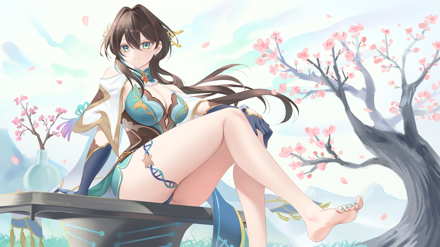 aqua_eyes, barefoot, breasts, brown_hair, cherry_blossoms, chinese_clothes, cleavage, clouds