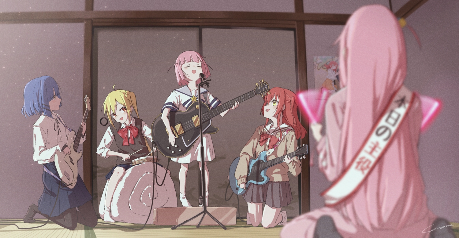 blonde_hair, blue_hair, bocchi_the_rock!, drums, gotou_futari, gotou_hitori, group, guitar