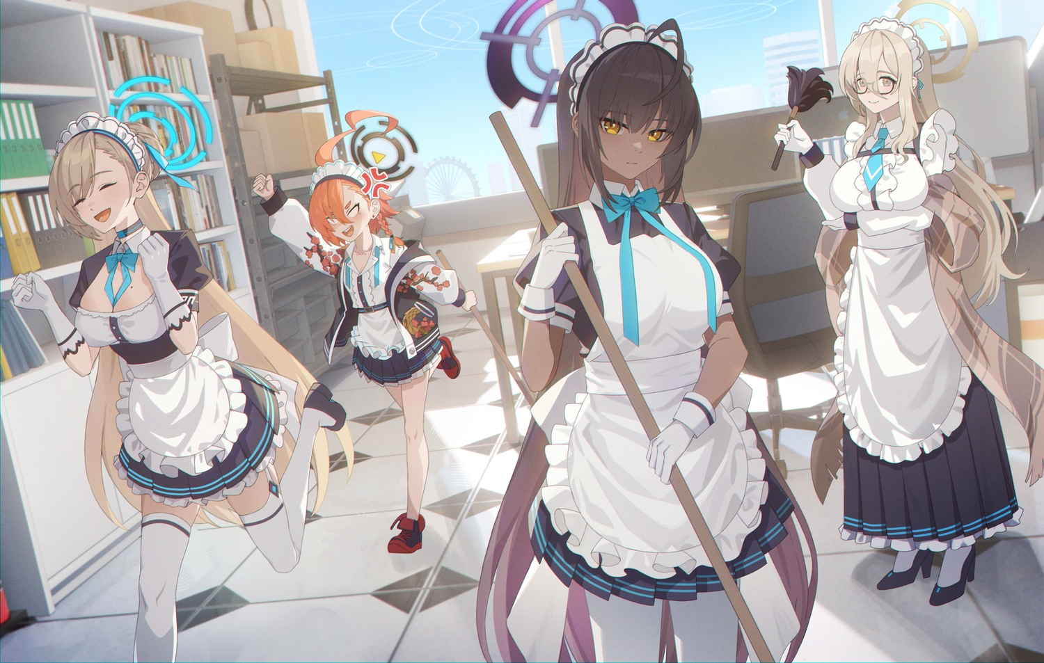 apron, black_hair, blue_archive, book, bow, braids, breast_hold, breasts