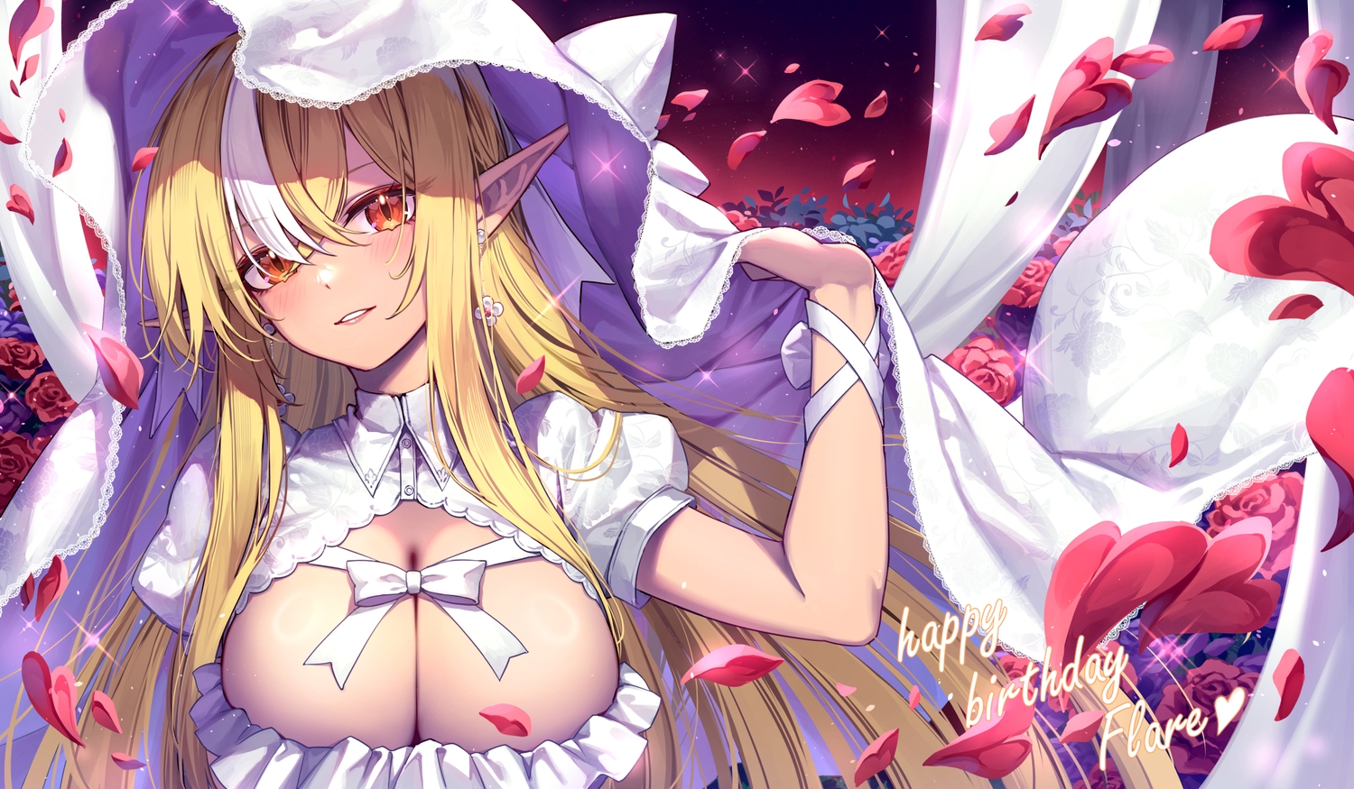 blonde_hair, bow, breasts, cleavage, close, curry_bowl, dark_skin, dress