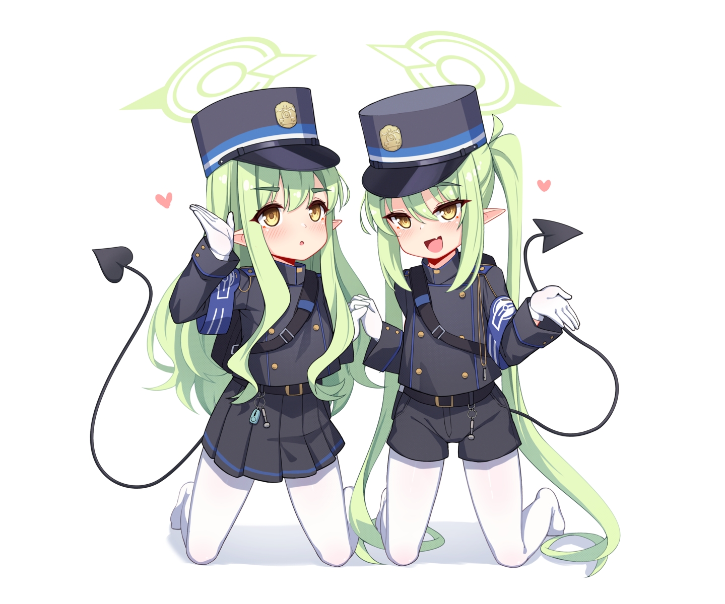 2girls, blue_archive, blush, fang, green_hair, halo, hat, heart, loli, long_hair, luxuriou_s, shorts, skirt, tachibana_hikari_(blue_archive), tachibana_nozomi, tail, third-party_edit, twins, twintails, white, yellow_eyes