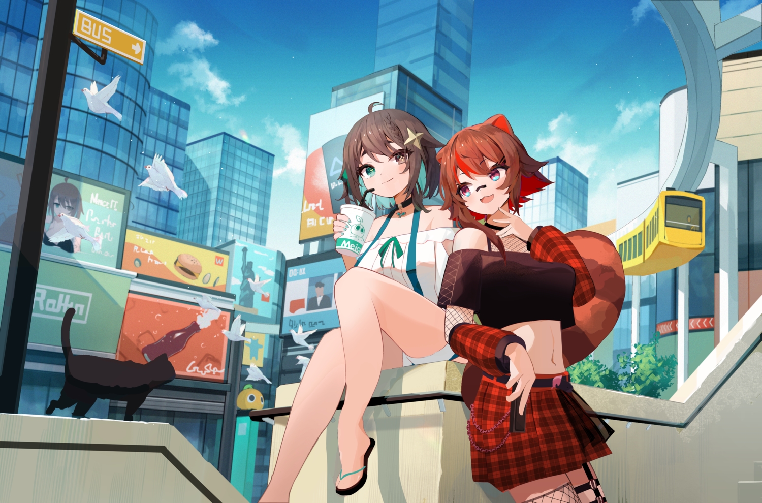 2girls, aliasing, animal, animal_ears, bicolored_eyes, bird, braids, brown_hair, building, cat, cat_smile, choker, city, clouds, drink, garter, indie_virtual_youtuber, meica_(vtuber), navel, rakkun_sutaru, red_eyes, short_hair, skirt, sky, tail, tamago_nezumi