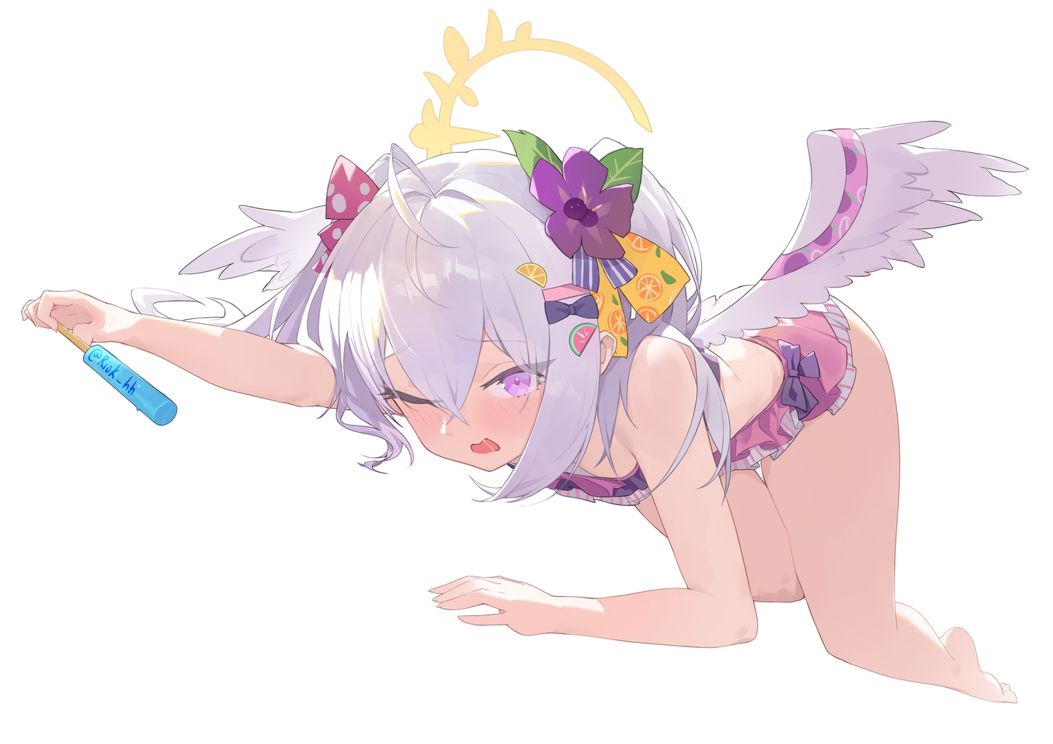 barefoot, bikini, blue_archive, blush, bow, flat_chest, halo, popsicle