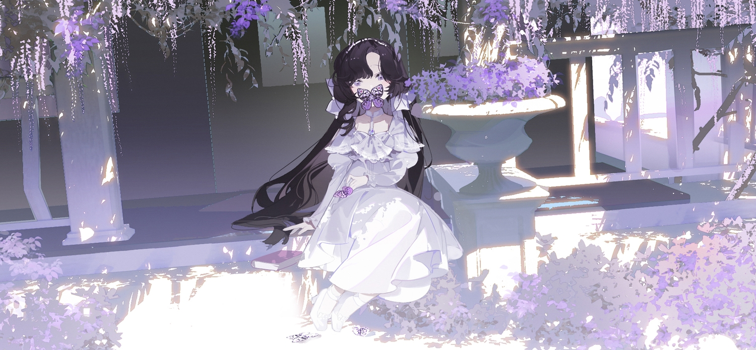 3d, black_hair, book, butterfly, choker, dress, flowers, isolde_(reverse:1999), long_hair, lumos, polychromatic, purple_eyes, reverse:1999, shade