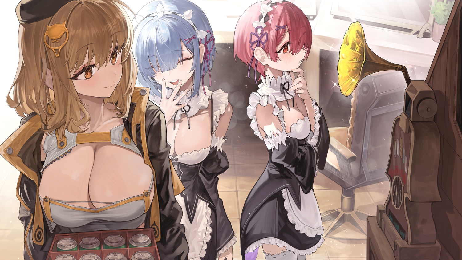 anis_(nikke), apron, blue_hair, blush, breasts, brown_eyes, brown_hair, cleavage, crossover, dress, drink, goddess_of_victory:_nikke, hat, headband, maid, movik, pink_hair, ram_(re:zero), red_eyes, rem_(re:zero), re:zero_kara_hajimeru_isekai_seikatsu, short_hair, thighhighs