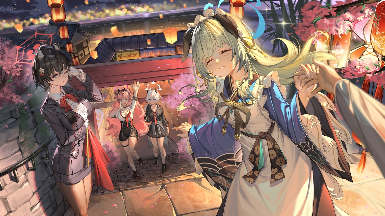al_guang, animal_ears, apron, black_eyes, black_hair, blue_archive, blue_eyes, bow