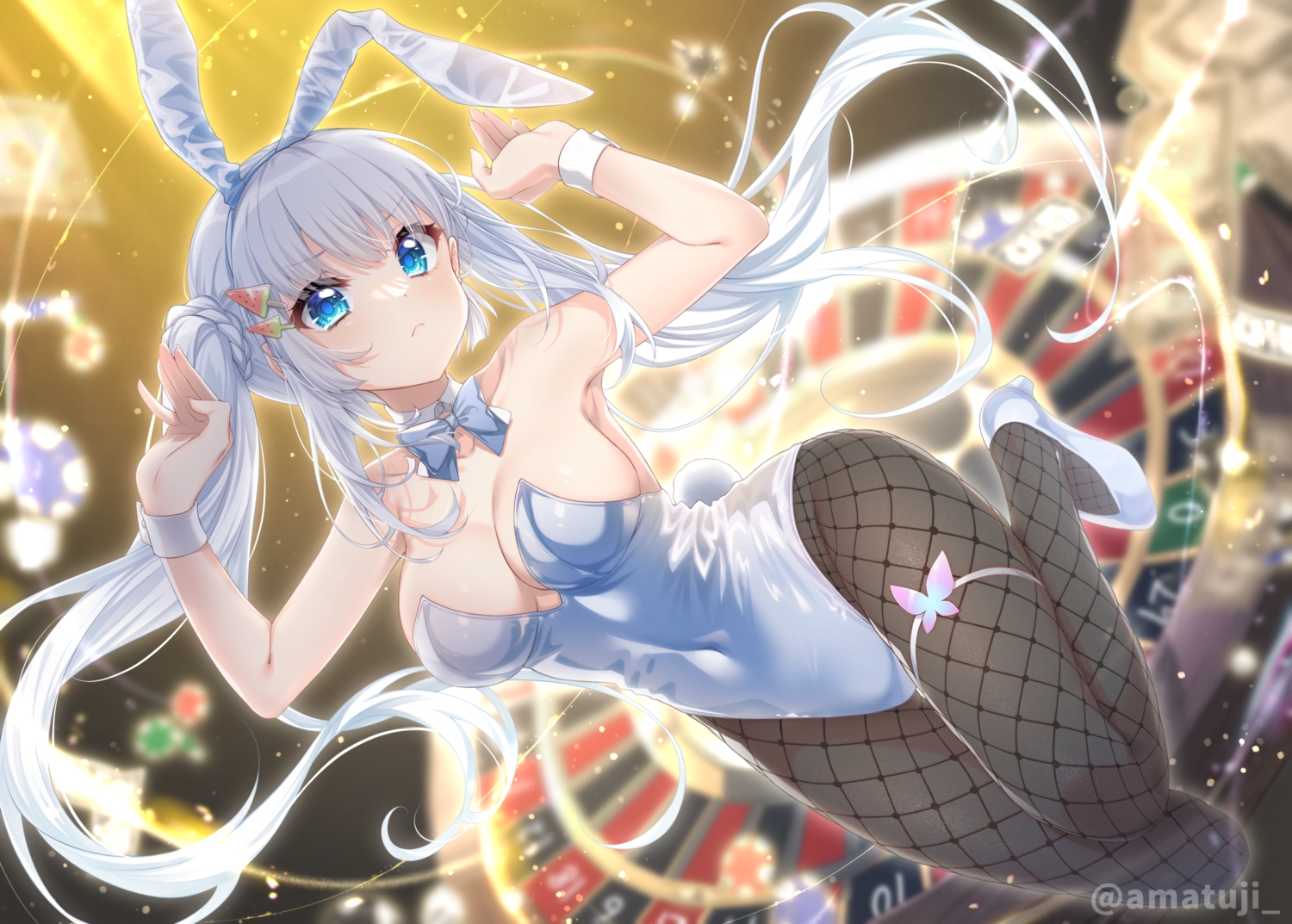 amatsuji, animal_ears, aqua_eyes, blush, bow, braids, breasts, bunny_ears