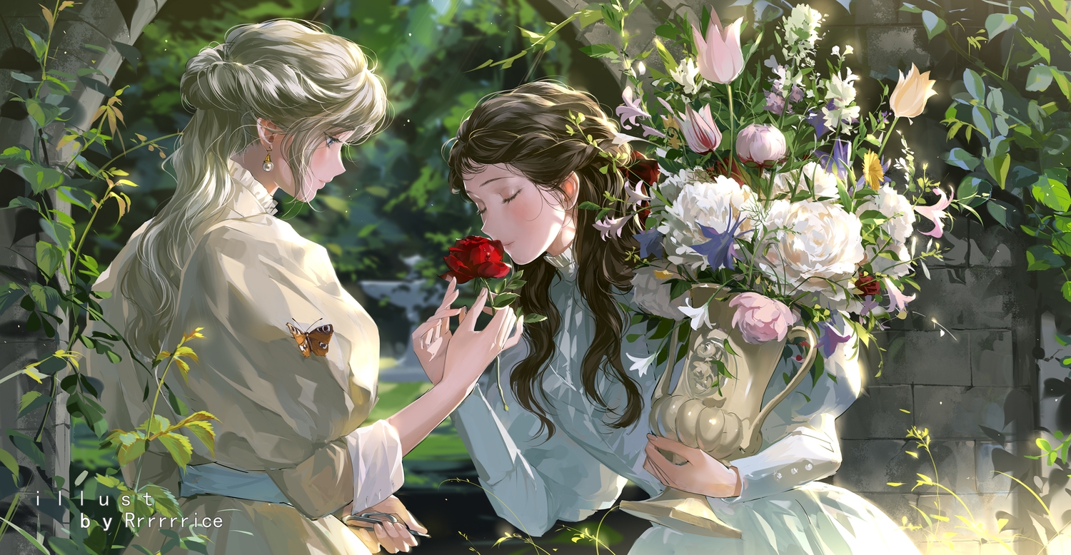 2girls, black_hair, blush, butterfly, dress, flowers, gray_hair, leaves, original, rose, rrr_(reason), shoujo_ai, watermark