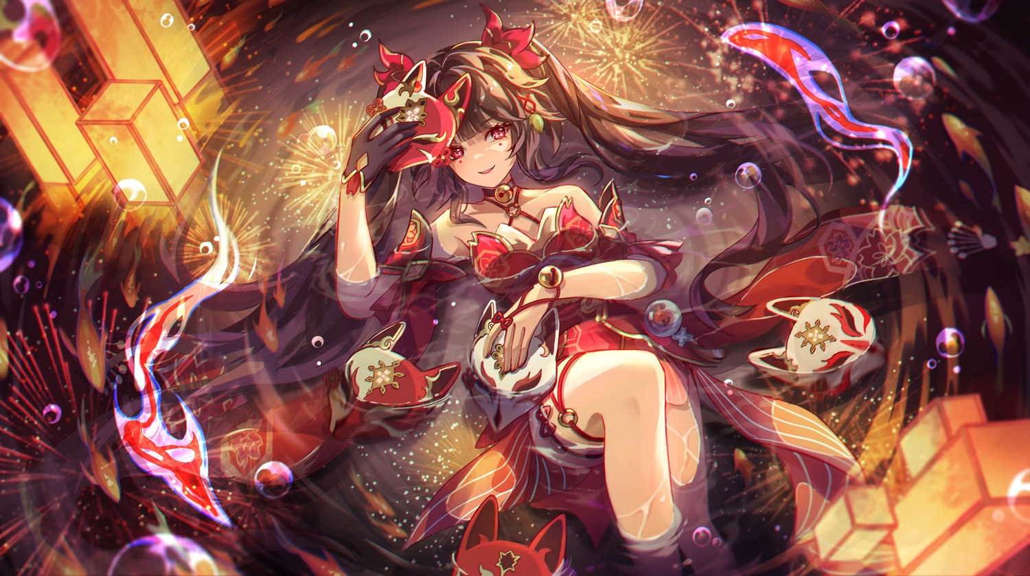 animal, bell, black_hair, collar, dress, fireworks, fish, garter, gloves, honkai_(series), honkai:_star_rail, japanese_clothes, jessica_wijaya, long_hair, mask, night, red_eyes, reflection, sparkle_(honkai:_star_rail), twintails, water, wristwear