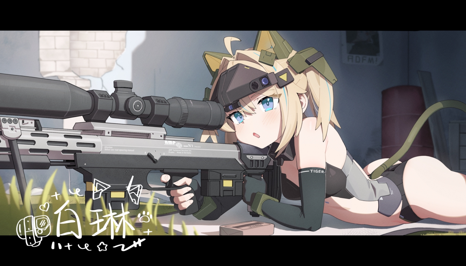 animal_ears, blonde_hair, blue_eyes, blush, catgirl, elbow_gloves, gloves, grass, gun, headdress, midsummerw, original, signed, tail, techgirl, twintails, weapon, wristwear