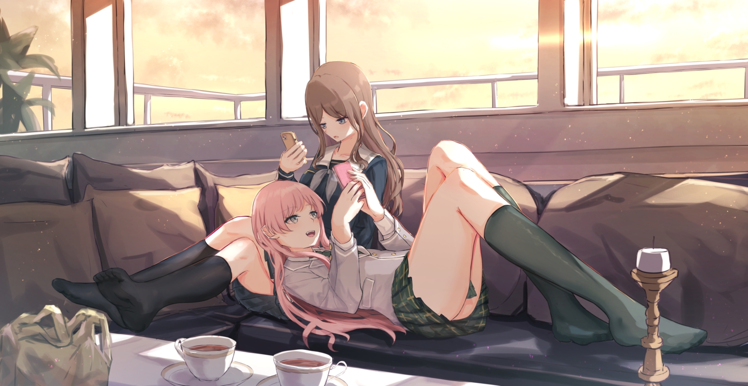 2girls, bang_dream!, benevole, blue_eyes, blush, brown_hair, chihaya_anon, clouds