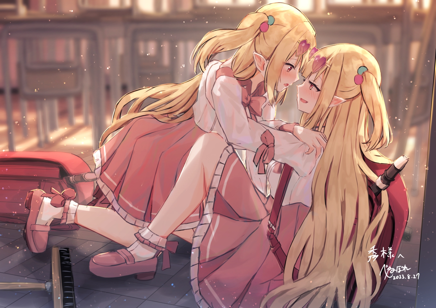 2girls, arcanakit_v, benevole, blonde_hair, blush, flute, instrument, kami_misuzu, long_hair, pointed_ears, red_eyes, school_uniform, shirt, shoujo_ai, signed, skirt, socks, sunglasses, twintails