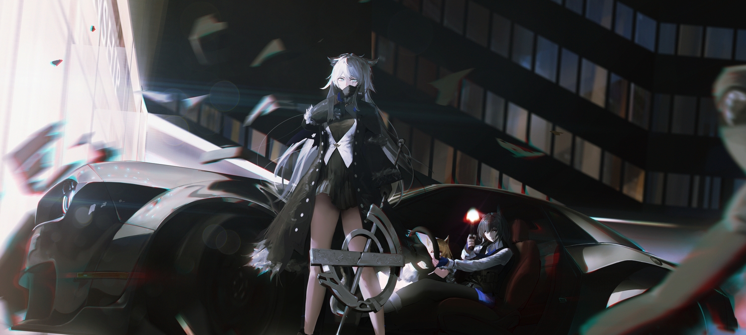 animal_ears, arknights, black_hair, blonde_hair, blue_eyes, car, dress, gloves
