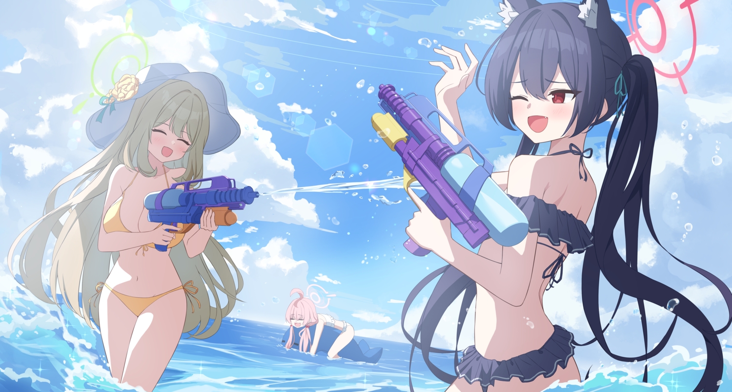 animal_ears, bikini, black_hair, blonde_hair, blue_archive, blush, breasts, catgirl