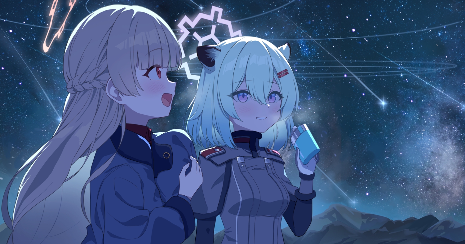 2girls, amami_nodoka, animal_ears, blonde_hair, blue_archive, blush, braids, dark