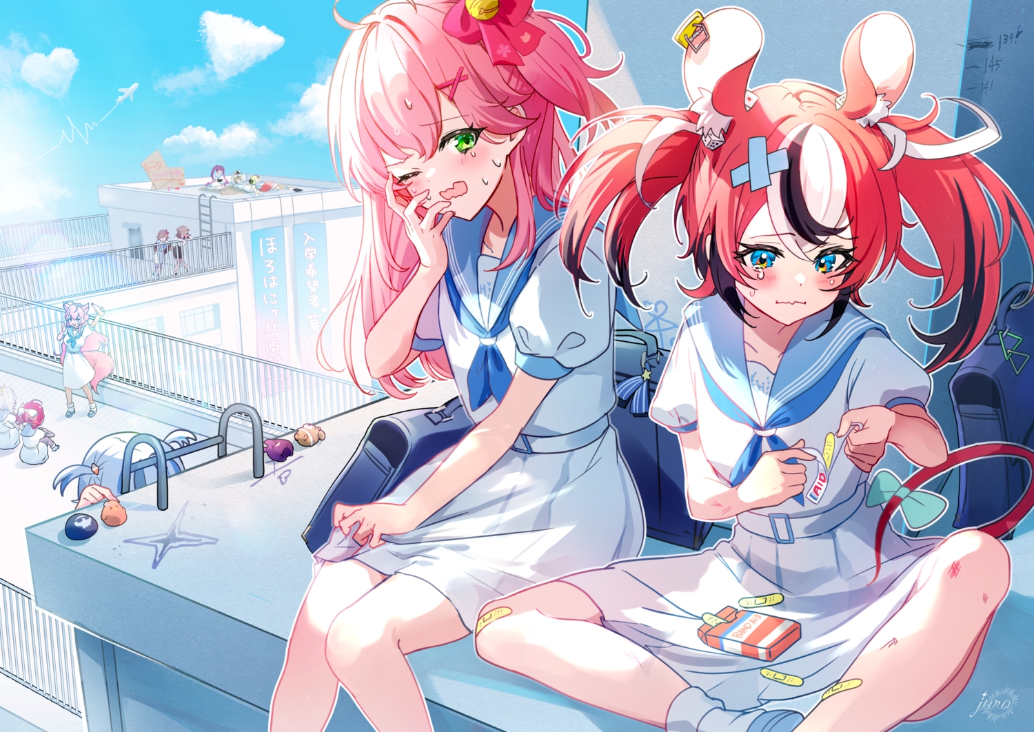 aircraft, amane_kanata, angel, animal_ears, bandaid, bell, blonde_hair, blue_eyes