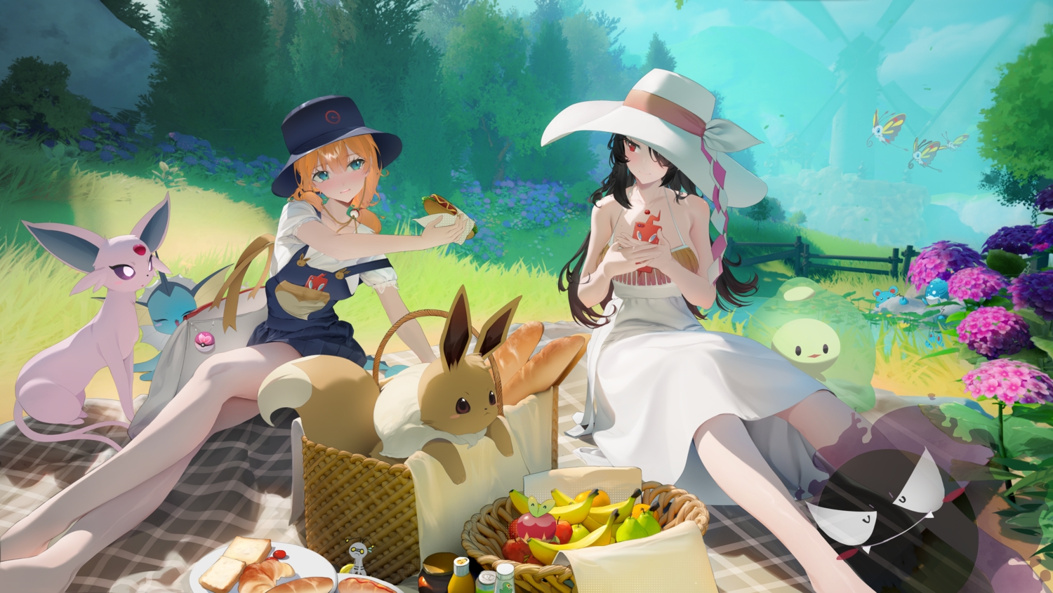 2girls, apple, applin, aqua_eyes, azurill, beautifly, black_hair, butterfly