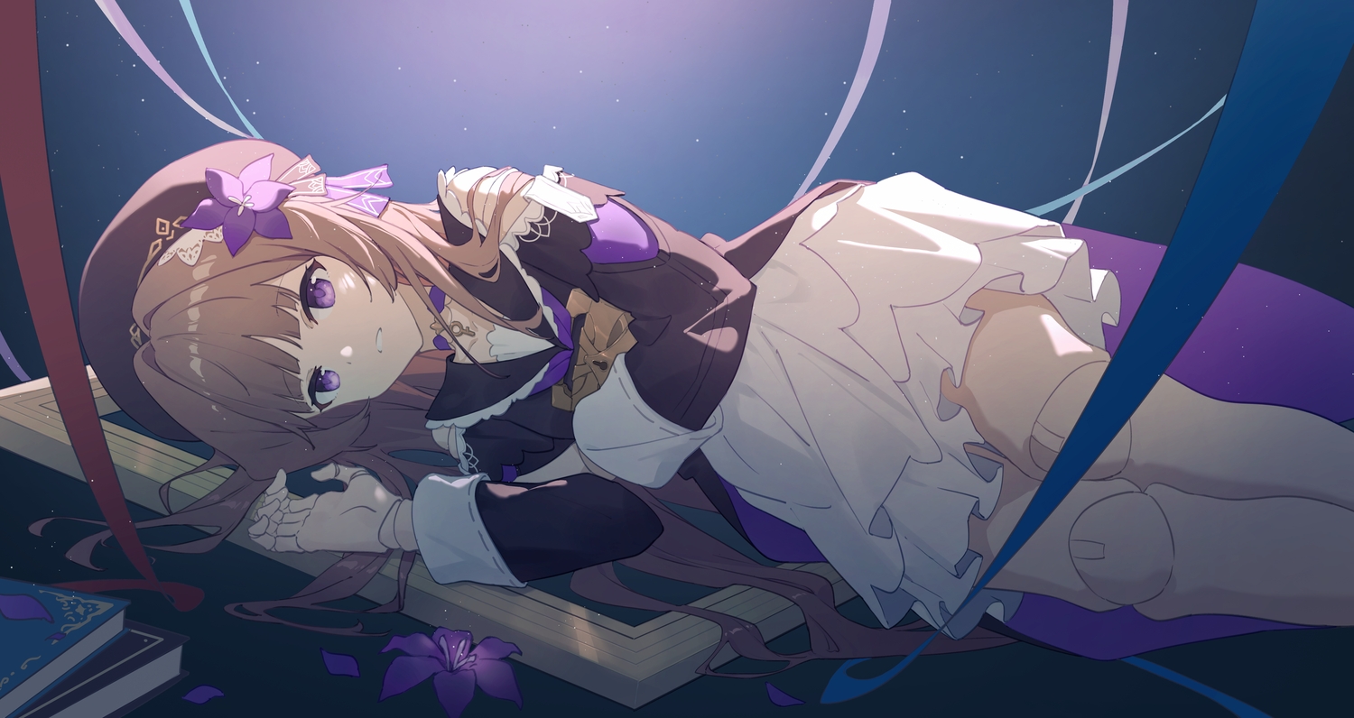 book, brown_hair, choker, doll, dress, flowers, hat, herta_(honkai:_star_rail)