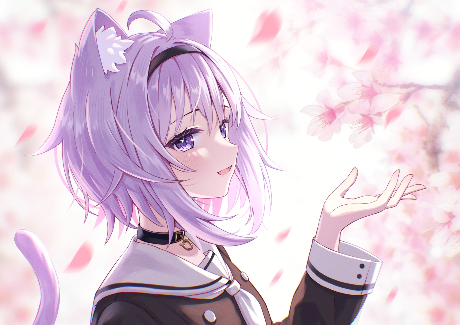 animal_ears, blush, catgirl, cherry_blossoms, close, collar, flowers, headband