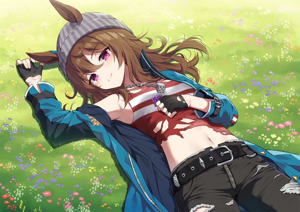 animal_ears, anthropomorphism, brown_hair, flowers, gloves, grass, hat, long_hair, mauve, nakayama_festa_(umamusume), navel, necklace, purple_eyes, torn_clothes, uma_musume:_pretty_derby