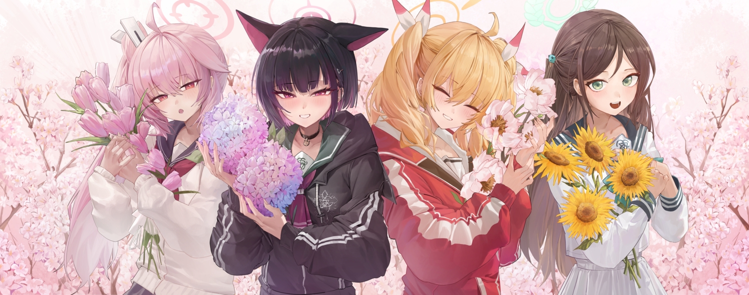 animal_ears, black_hair, blonde_hair, blue_archive, blush, brown_hair, catgirl, cherry_blossoms