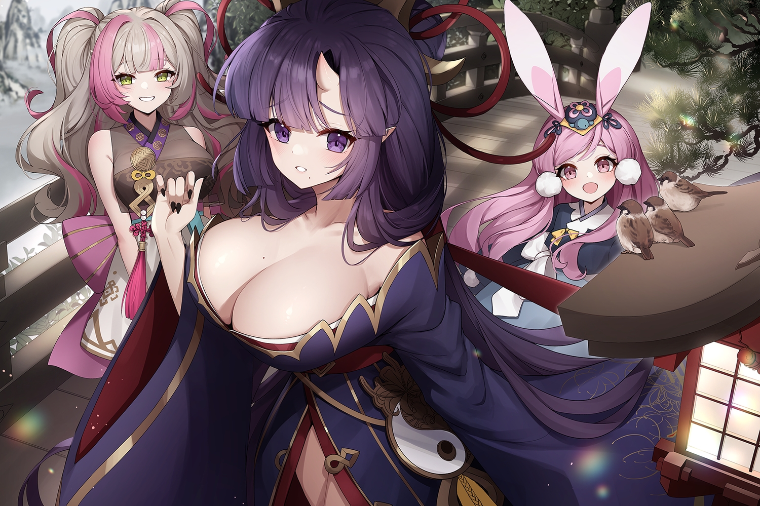 animal, animal_ears, ankkoyom, ayame_(eversoul), bird, blush, bow, breasts, brown_hair, bunny_ears, bunnygirl, chinese_clothes, cleavage, eversoul, green_eyes, headdress, horns, japanese_clothes, jiho_(eversoul), kimono, loli, long_hair, pink_eyes, pink_hair, pointed_ears, purple_eyes, purple_hair, soonie_(eversoul), tree, twintails