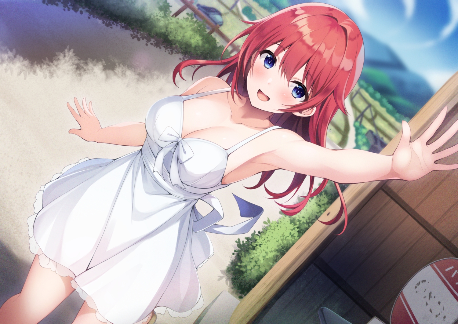 blue_eyes, blush, breasts, cleavage, clouds, dress, long_hair, original