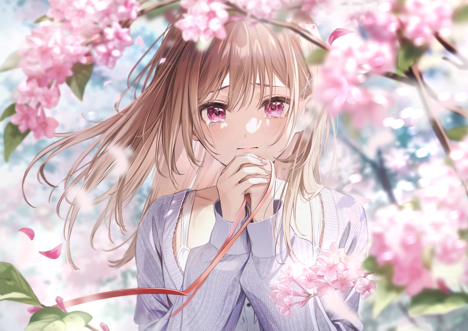 brown_hair, cherry_blossoms, crying, flowers, long_hair, original, petals, purple_eyes