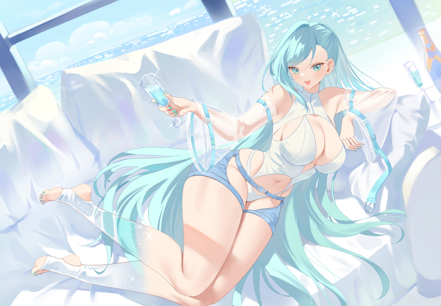 aqua_eyes, aqua_hair, barefoot, blush, breasts, cleavage, clouds, couch