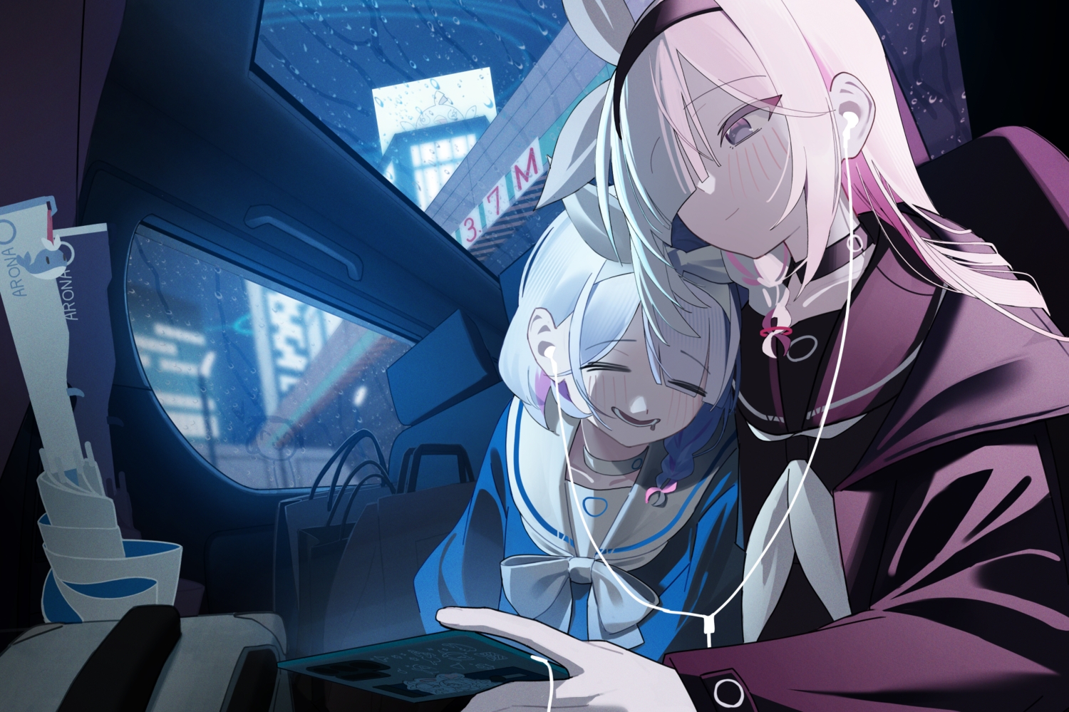 2girls, anohito401, arona_(blue_archive), blue_archive, blue_hair, blush, bow, braids