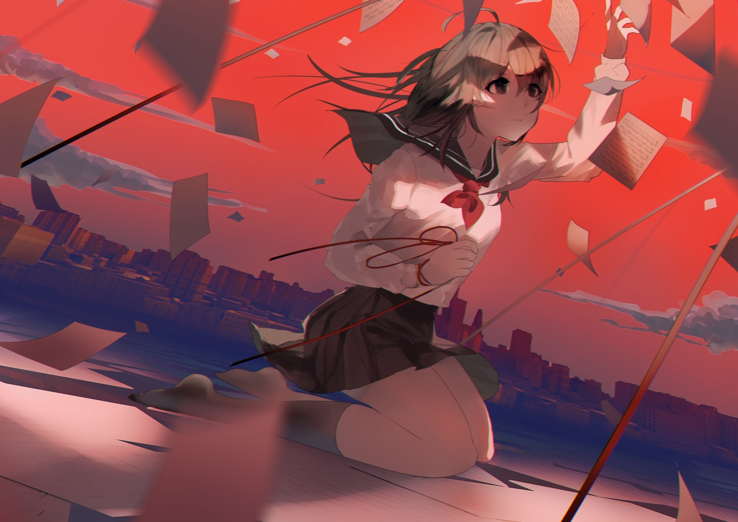 brown_eyes, brown_hair, building, city, clouds, kneehighs, paper, red