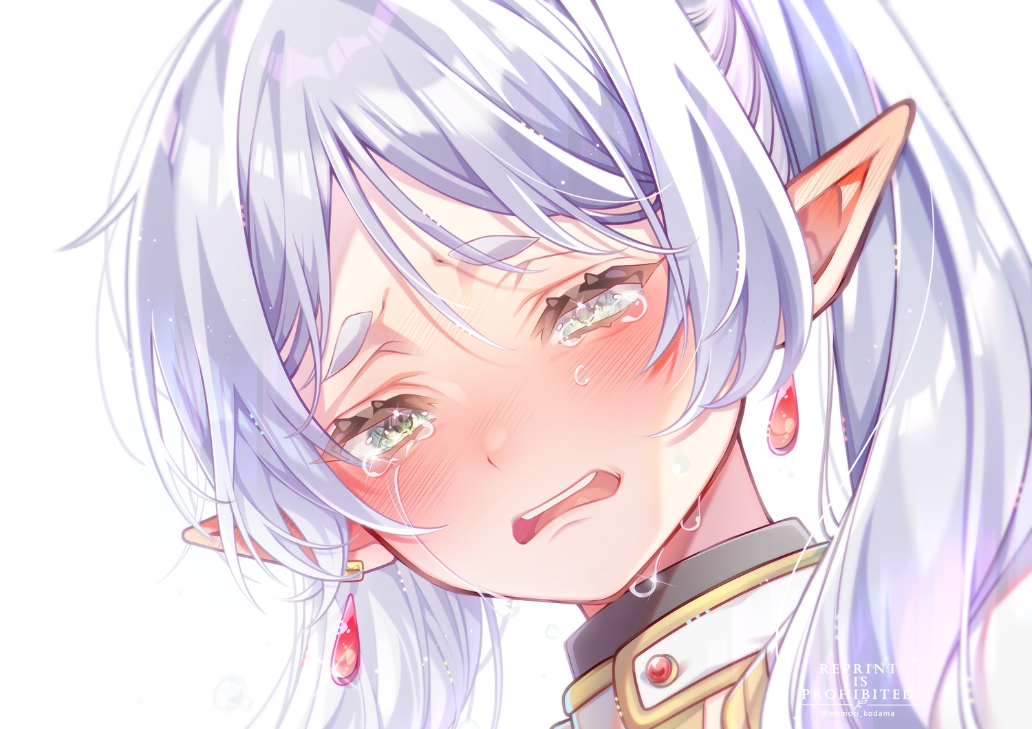blush, close, crying, dress, frieren, green_eyes, long_hair, pointed_ears, shikamori_kodama, sousou_no_frieren, tears, twintails, watermark, white